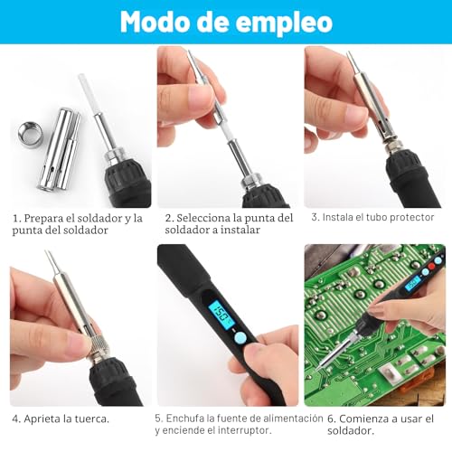 Miniatura 4 de Vfandv Soldador De Estaño, 60w Kit Del Soldador Electrico De Temperatura Ajustable 200-500 Con 5 Puntas Alambre De Soldadura 10g Y Soporte, Soldador Estaño Para El Uso Diversamente Reparado
