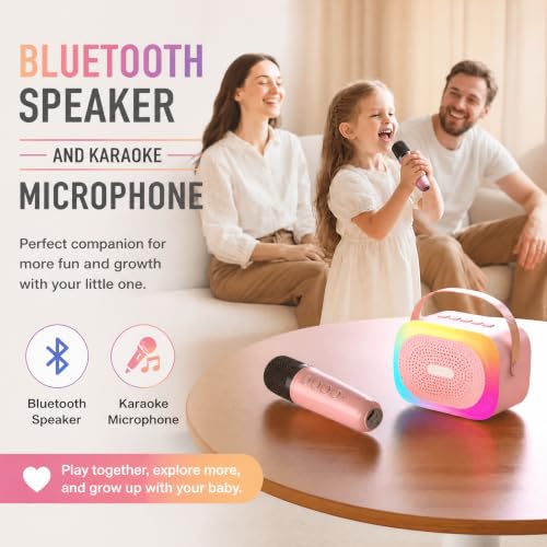 Pink Mini Karaoke Machine for Kids Adults with 2 Wireless Microphones 2026 Upgrade, Portable Bluetooth Speaker, Vocal Cancel, Reverb, RGB Lights | Portable Birthday Gift for Girls Boys 4-12 Years Old - Image 2