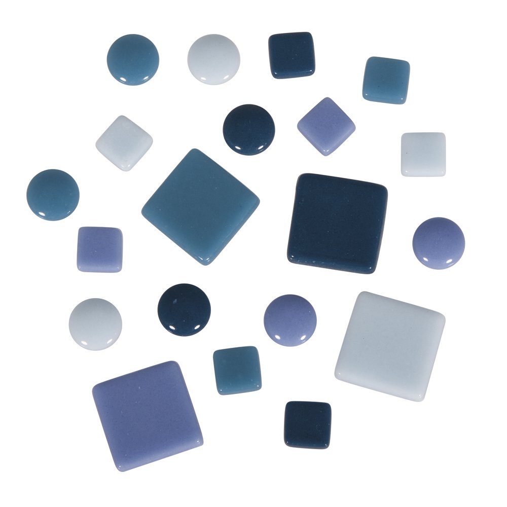 Rayher Fancy Glass Mosaic Tiles for Arts and Crafts, Set of Light and Dark Blue Mosaic Pieces, Circles and Square-Shaped Tiles, 1x1cm, 2x2cm, Diameter 1.2cm, 500g, 14828000