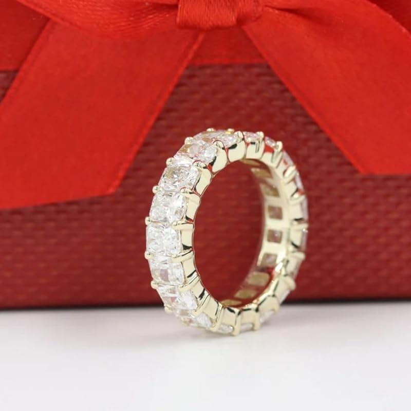 4 Ct Radiant Cut Diamond Eternity Wedding Band Ring, 925 Sterling Silver, 14K Yellow Gold Plated