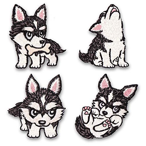 LEUYUAN Thermocollant Patch (4 pièces) Husky Chiens Autocollant de Patch Vêtements Patches Iron On Hat Patch De Ecusson Crâne Brodé Broderie Piece Thermocollant Motif Cover