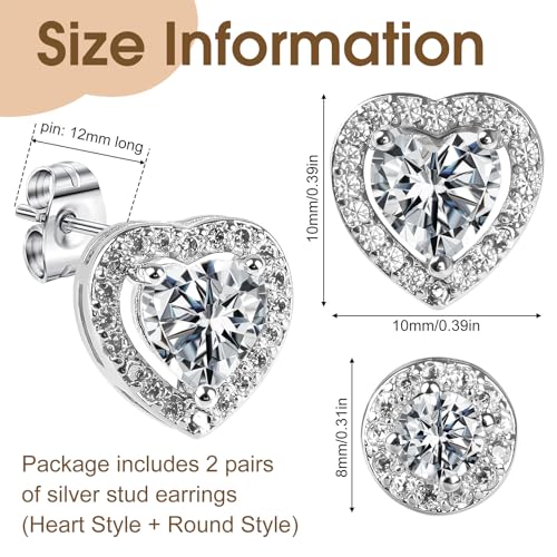 Silver Stud Earrings for Women, 2 Pairs Silver Earrings, Heart Round Hypoallergenic Earrings for Women Men Girls Cartilage Sleeper Earrings - Image 2