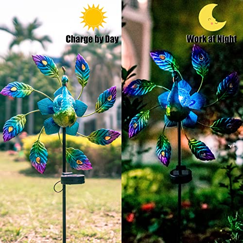 VEWOGARDEN 42.5 inch Peacock Metal Solar Wind Spinner, Wind Sculpture Yard Art Decorations for Patio, Lawn & Garden Decor - Thumbnail 4