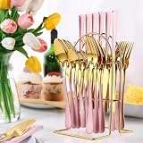 Maxspace Besteck Set 6 Personen, 24-teiliges Silbrig Edelstahl Flatware Set mit Besteckhalter Löffel Gabeln und Messer, Cutlery Set für Haus Restaurant Zusammenkommen (Rosé Gold)