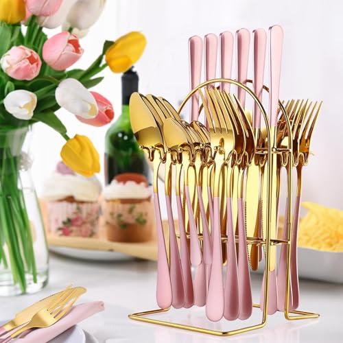 Maxspace Besteck Set 6 Personen, 24-teiliges Silbrig Edelstahl Flatware Set mit Besteckhalter Löffel Gabeln und Messer, Cutlery Set für Haus Restaurant Zusammenkommen (Rosé Gold)