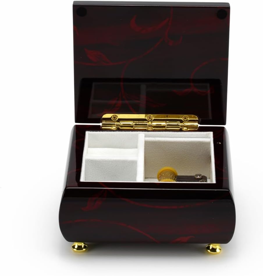 MusicBoxAttic - Burgundy Beveled Top Wooden Music Jewelry Box Musical Jewelry Box with Artistic Floral Motif - 18-Note Mechanical Movement - 5" L x 4.5" W x 2.5" H (English Country Garden)