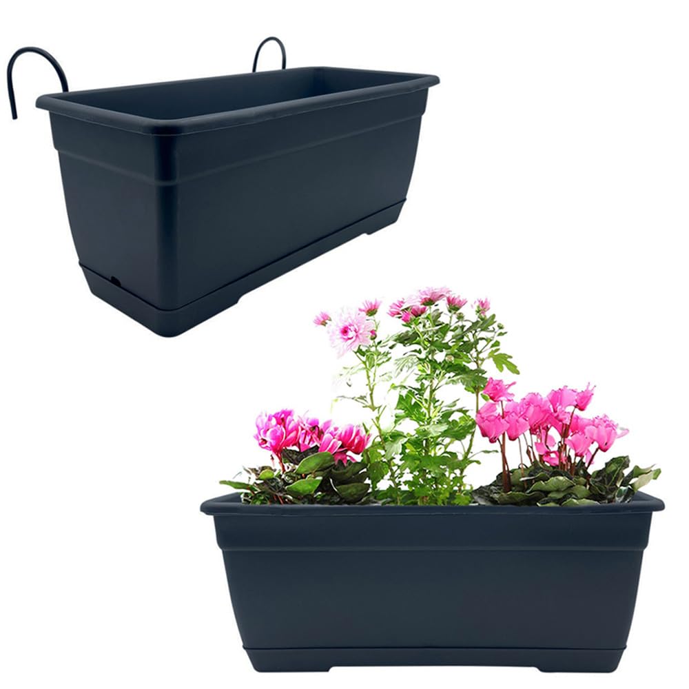VIRSUS 2 Fioriere Rettangolari per Balcone BIRK5, Color ANTRACITE, Sottovaso integrato, Vaso in Resina con supporto in ferro da Appendere a Finestre e Balconi, Capacità 8,6 Litri (50x17x16 cm) - C