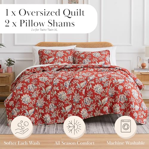 Southshore Fine Living, Inc. Oversized King Quilt Bedding Set, Jacobean Willow Floral Quilt Set with 2 Matching Pillow Shams, Lightweight California King Bed Spread, Soft Microfiber Fabric, Red - Thumbnail 2