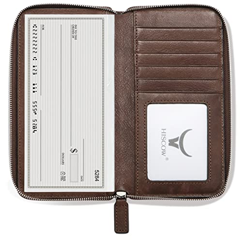 Image of HISCOW Leather Checkbook Cover, Zippered Wallet, Aniline Leather Coffee | Full grain cowhide, 5cc & ID window, personal check book & register pockets, removable duplicate divider, women secure zipper