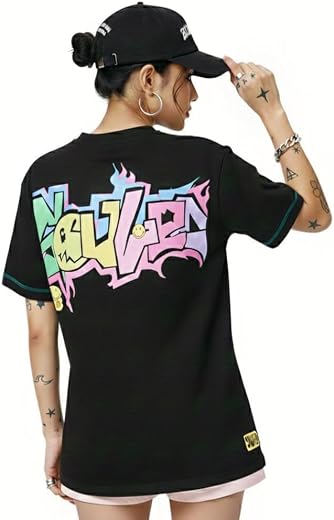 The Souled Store Smiley: Blue Flame Women and Girls Short Sleeves Round Neck Black Graphic Printed Cotton Lightweight Ever...