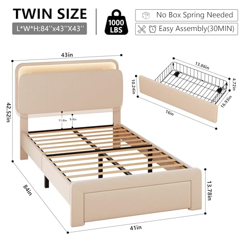 Image of Feonase Twin Upholstered Bed Frame with Storage Drawers and Headboard, Built-in Charging Station, Velvet Platform LED Bed with Solid Wood Slat Support, No Box Spring Needed, for Girls and Kids, Beige