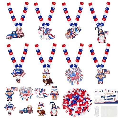 Bafeil 24 Sets 4th of July Bead Necklace Craft Kit, DIY Beads Necklaces Making Crafts with Pendants, Beaded Crafts Gifts for Independent Memorial Day Parade Accessory Patriotic Supplies Party Favor