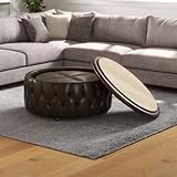 INZOY 36' Wide Storage Ottoman Large with 4 Wheels,Tufted Round Storage Ottoman with Removable Lid, Coffee Table Seat Inside 4 Stools/Taborets, PU Leather Brown