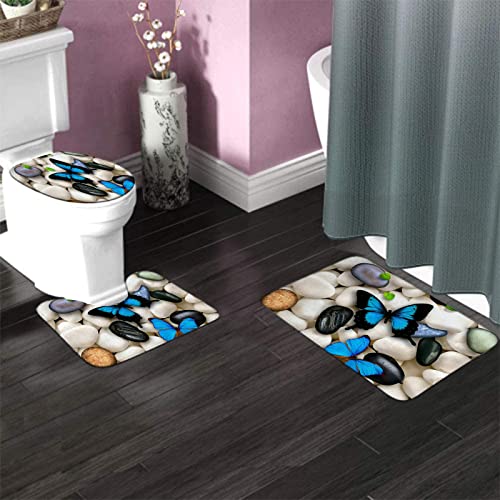 Badezimmerteppich-Set, 3-teilig, Schmetterling, Blau, Weiß, Schmetterlinge, Steine, waschbare Badteppiche, rutschfest, mit Rückenpolster, Konturteppich und Toilettendeckelbezug – Bild 4