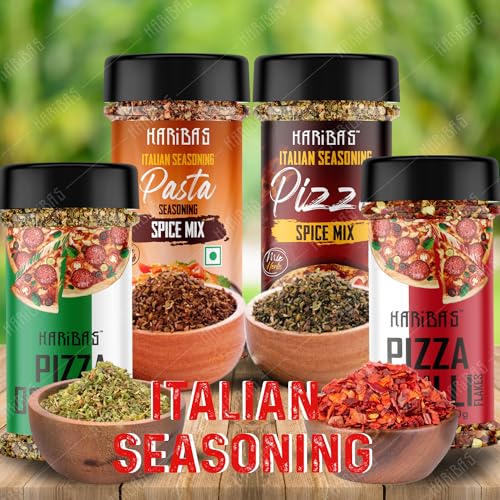 Image of HARIBAS Italian Combo Pasta 50gm, Chilli Flakes 40gm, Oregano 40gm and Pizza Spice Mix 60gm (Pack of 4)