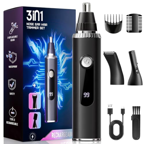 Nose Hair Trimmer for Men Women,3-in-1 Rechargeable Ear and Nose Trimmer with LED Display, Painless Eyebrow, Sideburn and Facial Hair Trimmer, USB-C, Waterproof, Dual-Edge Blades, gifts for men(Black)