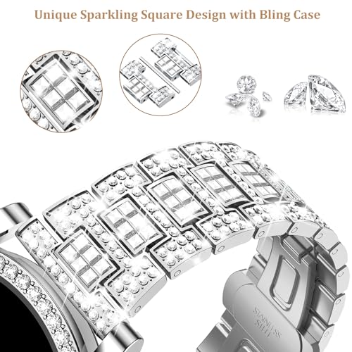 Dsytom Bands Compatible with Samsung Galaxy Watch 5/4 40mm 44mm, 20mm Bling Metal Replacement Galaxy Watch 5 Watch 4 Band 40mm 44mm with Rhinestone Protective Case for Women Girls (40mm,Silver)
