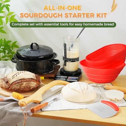Image of Sourdough Starter Kit for Beginners, 34 oz Starter Jar with Scale Marking, 2 Silicone Proofing Baskets, Complete Bread Baking Kit with Guide & Recipes, Easy to Use & Clean - Red