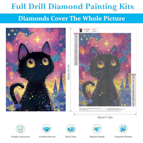 Image of HEIBAGO Starry Night Cat Diamond Art Kits for Adults, Animal Diamond Painting Kits for Adults Beginners, 5D Full Drill Round Diamond Art Painting,DIY Diamond Dots for Adult for Home Wall Decor 12x16In