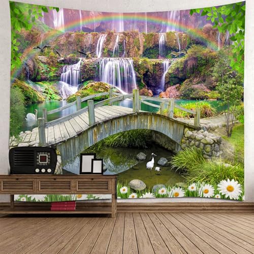 Tapisserie murale fantastique 150x150cm cascade pont bois et oiseaux
