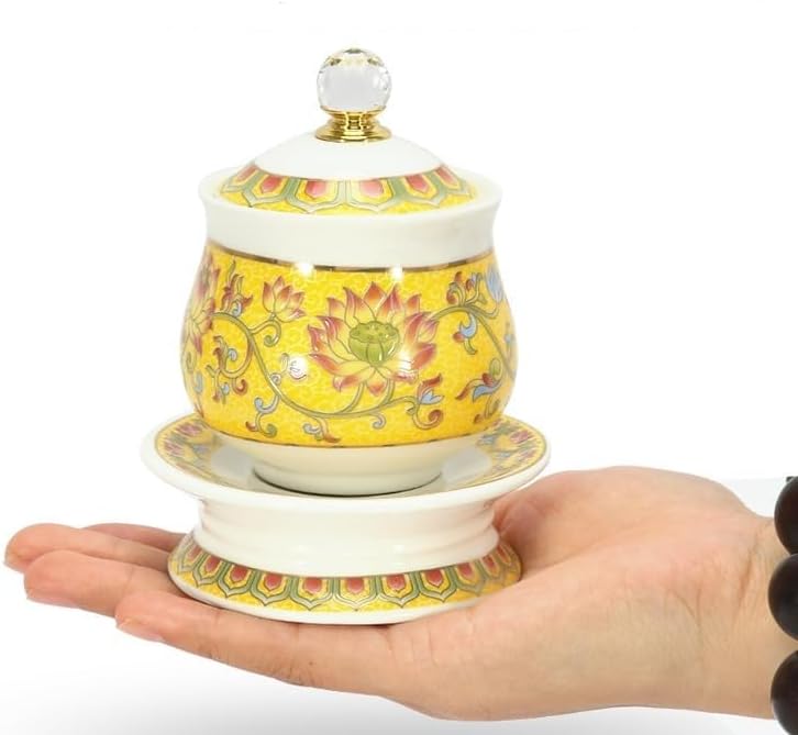Mascot Desktop Decoration Buddhist Utensils Religious Pray Sacrificial Supplies 佛具用品陶瓷描金莲花杯供水杯净水杯观音供水三连杯佛前圣水杯 1Pcs(汉白玉招财杯（哑光）)