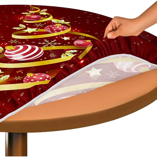 Hixingo Mantel Redondo 3D Navidad Mantel Antimanchas, Mantel con Borde Elástico Lavable Poliéster Mantel Mesa, para Fiesta de Navidad, Cena (180cm,Borgoña)