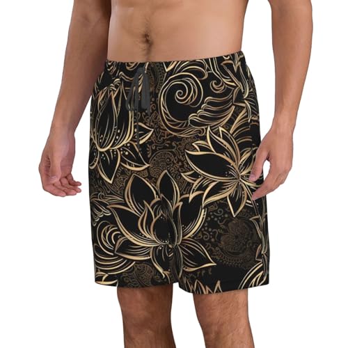 Boho Gold Lotus Flowers Print Men's Beach Shorts Hawaiian Swim Trunks Quick Dry Summer Sports Bathing Suits2