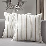 Sunlit Decorative Farmhouse Throw Pillow Case, Set of 2 Cream/Off-White with Light Brown Stripes Mod