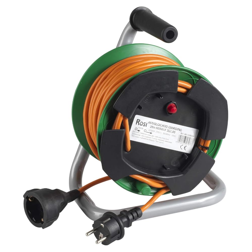 Szpula kablowa z kablem 50 metrów, duża wtyczka 16 A, 220 V, 230 V, 4 x gniazdo wtykowe Schuko, maksymalna moc 3500 W, wyprodukowano we Włoszech, z zabezpieczeniem metalowym, z uchwytem ogrodowym
