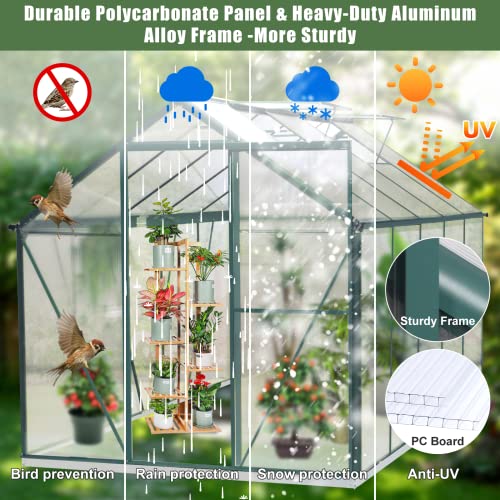 Sellerwe 6' X 10' Walk-In Polycarbonate Greenhouse With Sliding Door, 2 Vent Window, Rain Gutter, Base And Anchor, Aluminum Heavy Duty Hot House Kit For Outdoors In Winter Or Any Season #TOP2