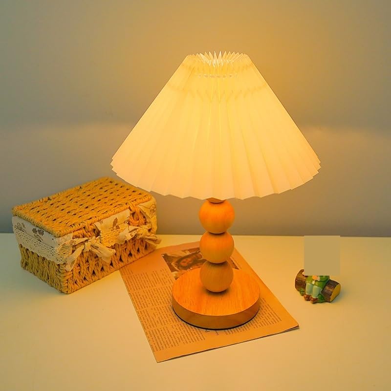 Lampka nocna Drewniana szafka nocna w stylu retro, sypialnia, abażur plisowany, mała lampa stołowa Dekoracje(Yellow)
