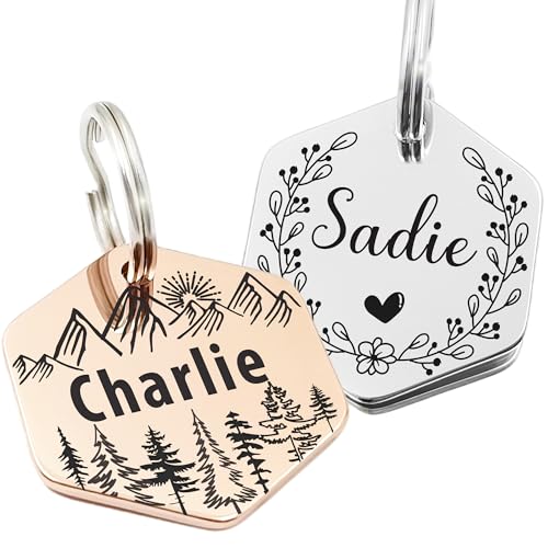 Personalized Pet ID Tags, Customizable Hexagon, Bone and Round Shapes, Multiple Designs with Mountain, Floral, and Night Sky Patterns, Stainless Steel Dog and Cat Tags (Hexagon)