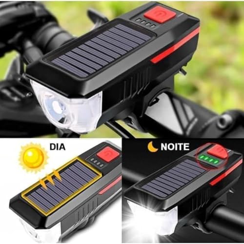 kit Lanterna Solar P/Bike Bicicleta com Buzina Potente Recarregável 3 modos de Luz + Sinalizador Tra