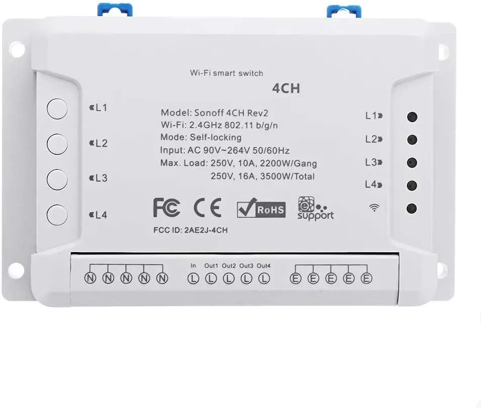 4 Channel 10A 2200W 2.4Ghz Smart Home WiFi Wireless Switch APP Remote Control AC 90V-250V 50/60Hz Din Rail Mounting Home Automation Module