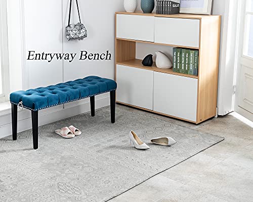 Duomay Modern Upholstered Tufted Bench Ottoman W/Ring Pull, Velvet Dining Bench Bedroom Bench W/Nailhead Trim Footrest Stool Accent Bench For Entryway Dining Room Living Room, Blue #TOP3