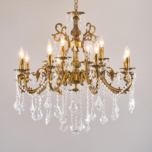 Vintage 8 Arms Crystal Chandelier Candle Light Fixture for Dining Room Living Room Bedroom Hallway Entryway Antique Gold Finish (34"-12 Lights)