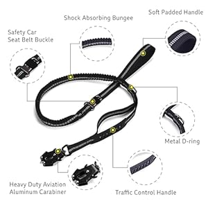 4-6FT Heavy Duty Dog Leash for Large Dogs, Shock Absorbing Bungee Tactical Dog Leash with 2 Padded Handle, Car Seatbelt and Metal Carabiner Clip, Strong No Pull Dog Leash for Medium Dogs (Black)