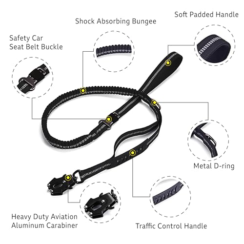 4-6FT Heavy Duty Dog Leash for Large Dogs, Shock Absorbing Bungee Tactical Dog Leash with 2 Padded Handle, Car Seatbelt and Metal Carabiner Clip, Strong No Pull Dog Leash for Medium Dogs (Black) 4-6FT Heavy Duty Dog Leash for Large Dogs, Shock Absorbing Bungee Tactical Dog Leash with 2 Padded Handle, Car Seatbelt and Metal Carabiner Clip, Strong No Pull Dog Leash for Medium Dogs (Black)
