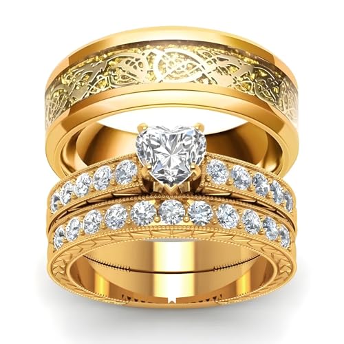 3PCS Moissanite Engagement Rings Sets for Couples,10K 14K 18K Real Gold Couple Rings Sets for Him and Her,Customized Matching Wedding Bands Set for Men and Women Free Engraving (Style-24)