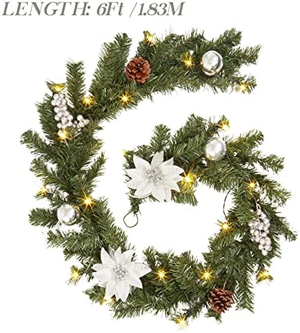 Adeeing Artificial Christmas Garland with 20 LED Lights, 6 FT Pre-lit Silver Garland with Pine Cone Baubles Berry Xmas Flower ON/OFF Lighted Wreath for Door Fireplace Stairs Table Decoration