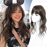 PANEWAY Hair Topper with Bangs Hair Clip 360° 3D Cover Clip in Bangs Mocha Brown Wavy Fake Bangs Hair Toppers for Women with Thinning Hair Synthetic Hair Pieces For Women (2.5''x2'' Base)