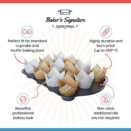 Baker's Signature Tulip Baking Cups Newspaper Pattern Paper Cupcake & Muffin Liners Pack Of 150 | Grease Resistant Wrappers – Will Not Curl Or Burn – Comes In Convenient Packaging #TOP1