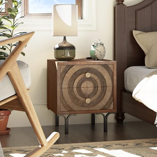 Aoikax Farmhouse 2-Drawer Nightstand, Accent Wooden Nightstand with Circle Pattern and Radioactive Wood Lines, for Bedroom, Natural Wood Color