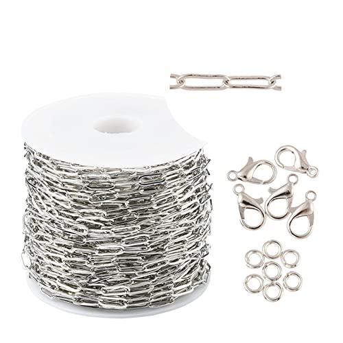 SWTOOL 32.8 Feets Plated Brass Paperclip Link Chains, Metal Silver Necklace Bulk for DIY Craft Jewelry Chain Making