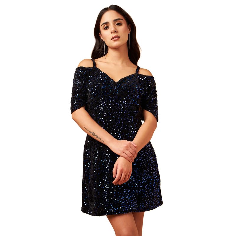 Image of DRAPE AND DAZZLE Women Shimmer Velvet Bodycon Dress with Shoulder Straps | Mini Dress | Western Dress for Women | DD-106