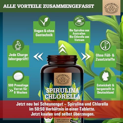 Spirulina Chlorella Tabletten -BIO- 6000mg je Tagesdosis I WICHTIG: 100% zertifzierte Bio-Ware I 500 Chlorella Spirulina Presslinge aus biologischem Anbau I Vegan DE SCHEUNENGUT®