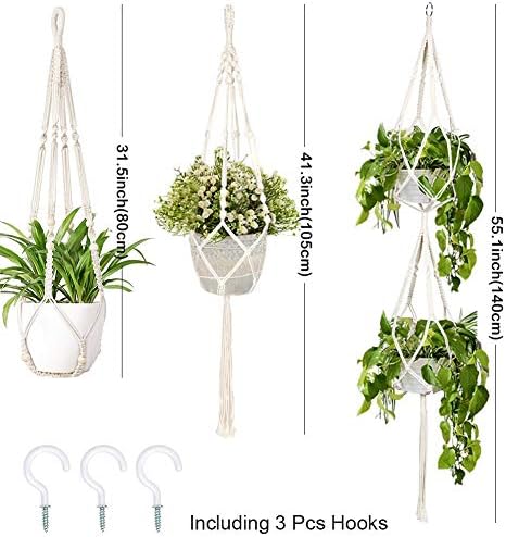 OurWarm Macrame Plant Hangers Indoor, 3 Pack Wall Hanging Planter Basket Cotton Rope Flower Pot Macrame Hanging Plant Holders with 3 Hanging Hooks for Ceiling Outdoor Garden Home Décor