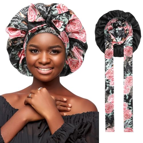 Satin Bonnet Reversible Silk Hair Bonnets for Curly Hair - Double Layer Night Cap with Tie Band - Black Pink Rose + Black