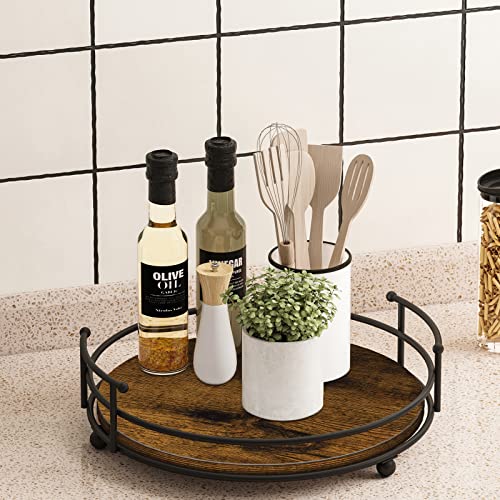 Honiter Wooden Serving Tray, Decorative Tray For For Coffee Table Centerpieces, Coffee Table Tray, Wood And Metal Serving Tray With Handles, Round Tray, Farmhouse Ottoman Tray For Kitchen Countertop #TOP2
