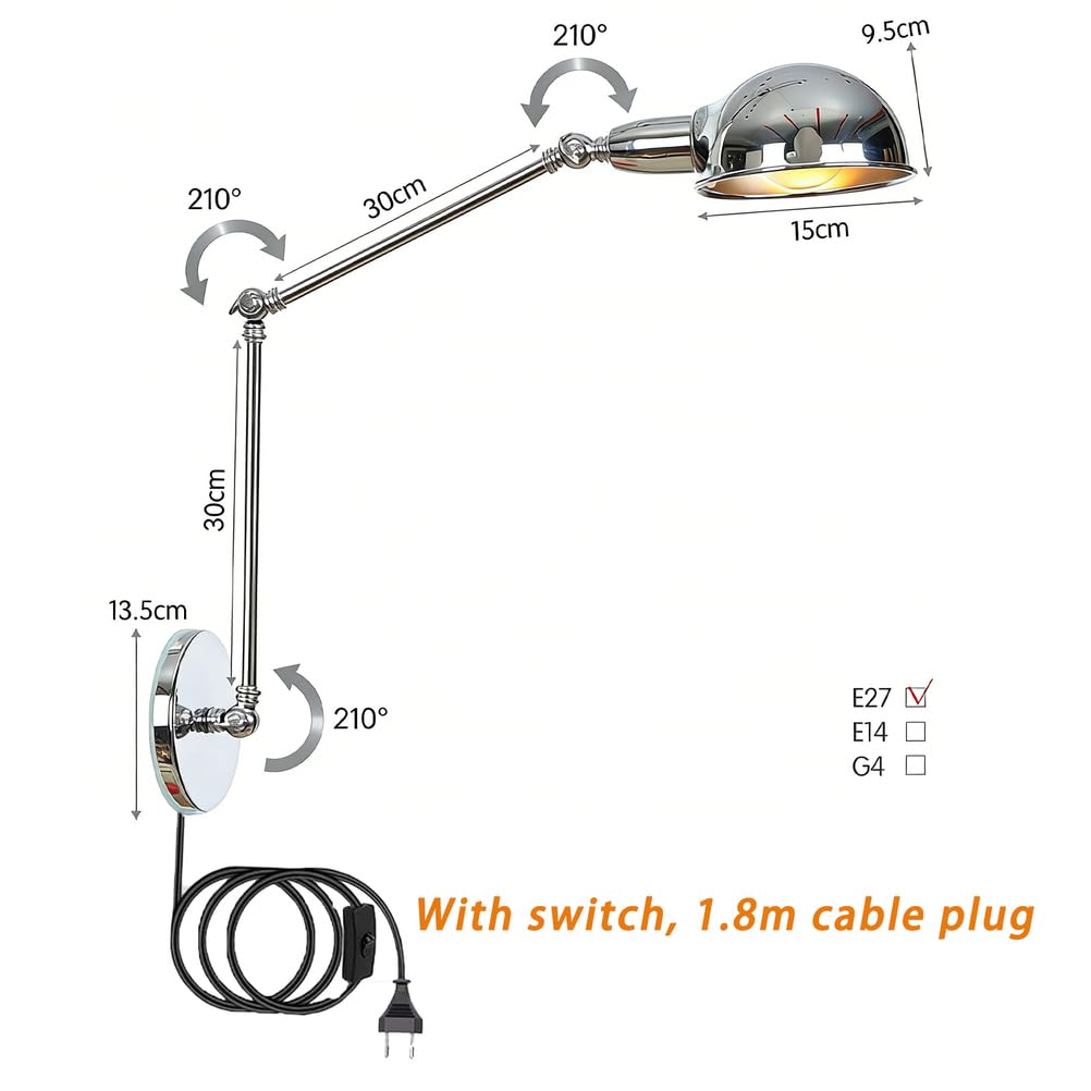 Retro Wandleuchte Innen Verstellbar Langer Arm Nachttisch Wandlampe innen Kabel Stecker Wand-Leselampe Metall Schirm E27 Vintage Industrielampe Schlafzimmer Café